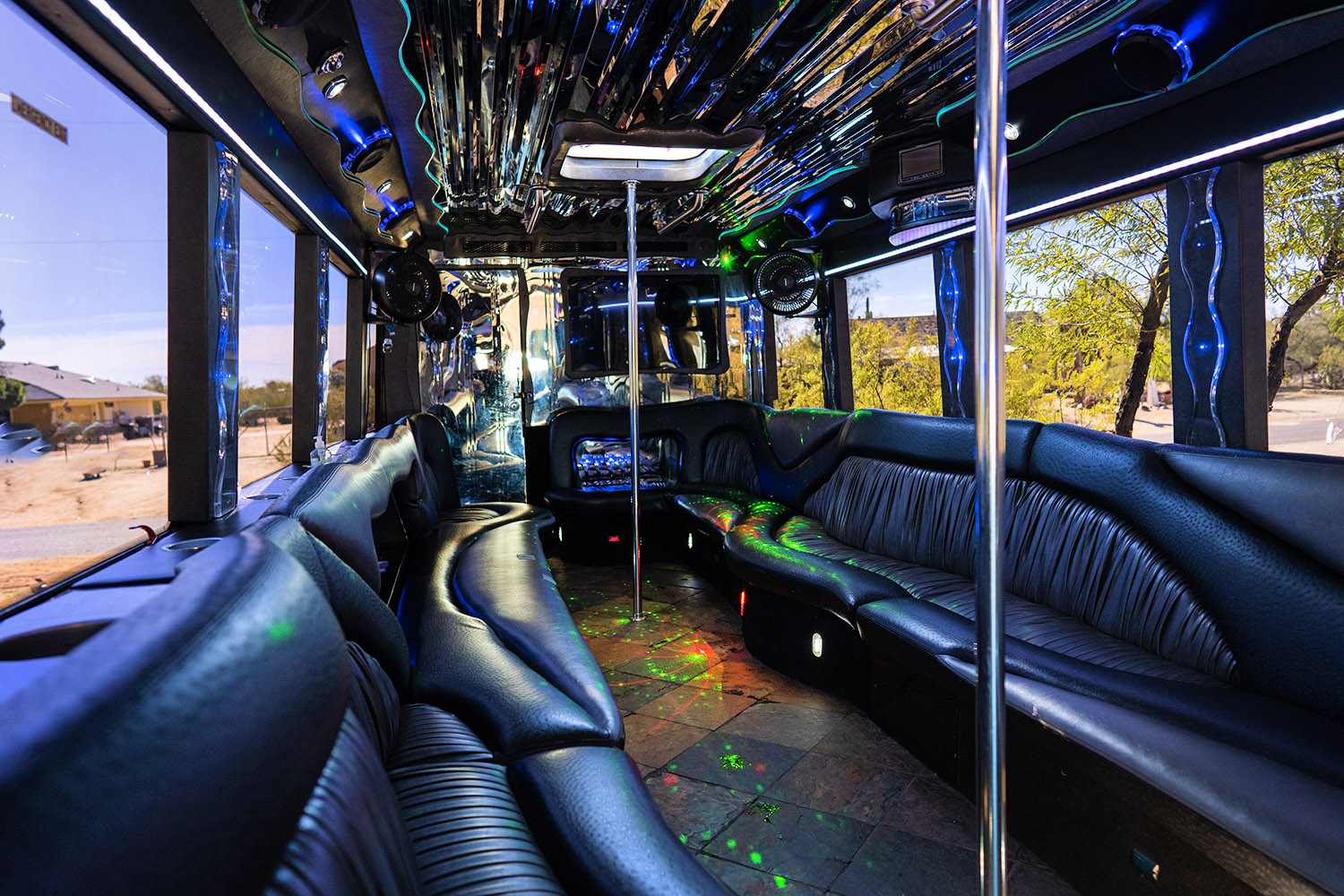 Interior of Bachelor Party Bus with stripper poles