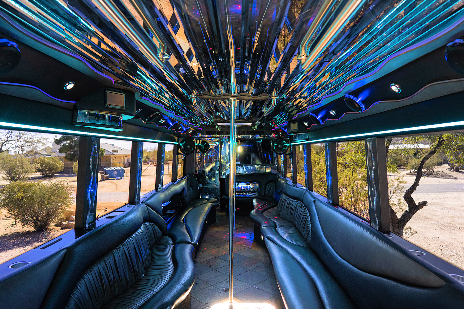 Reflective ceilings inside our limo bus