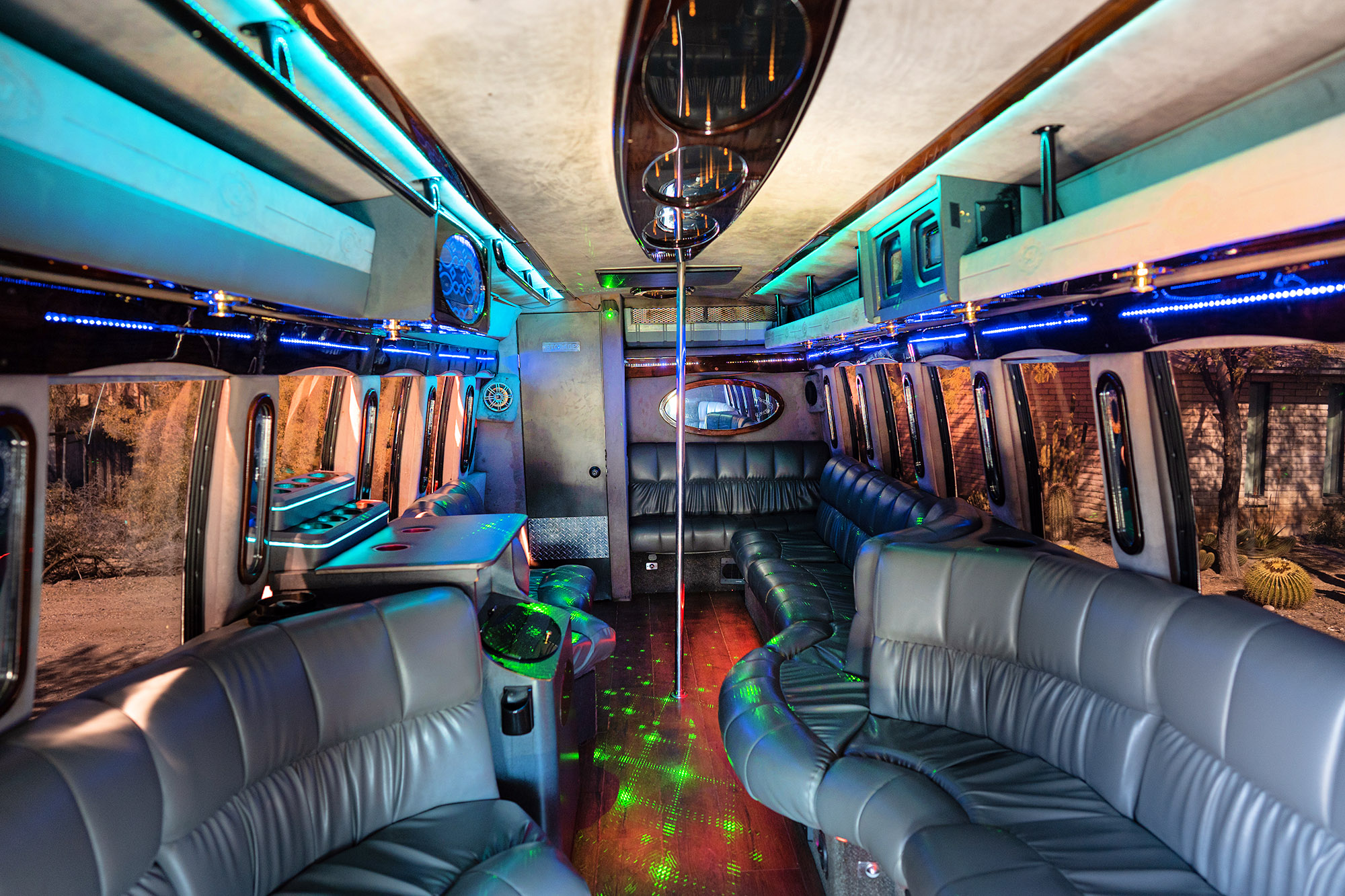 Interior of one of our party bus rentals with neon lights