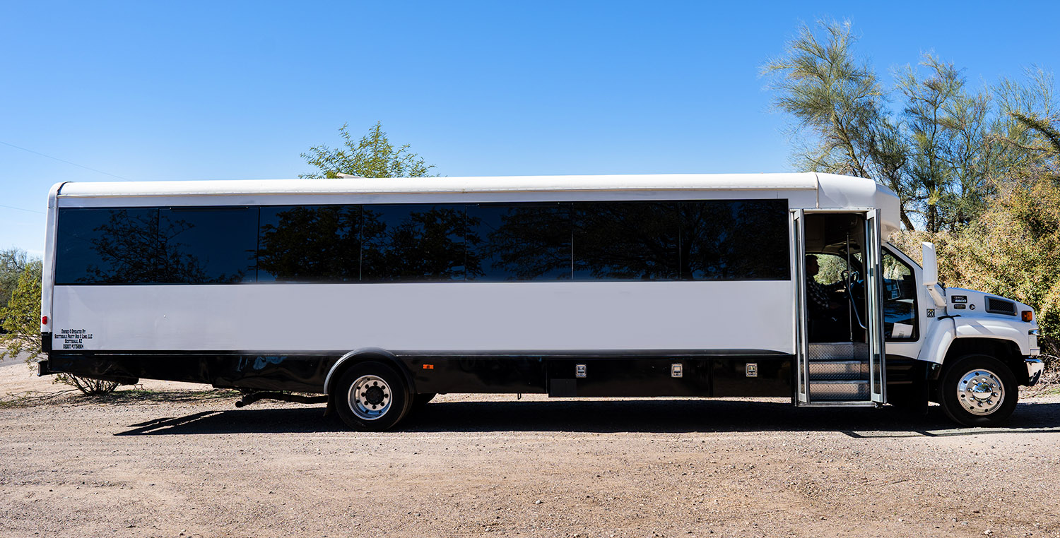 Large White Party Bus for bachelor and bachelorette parties