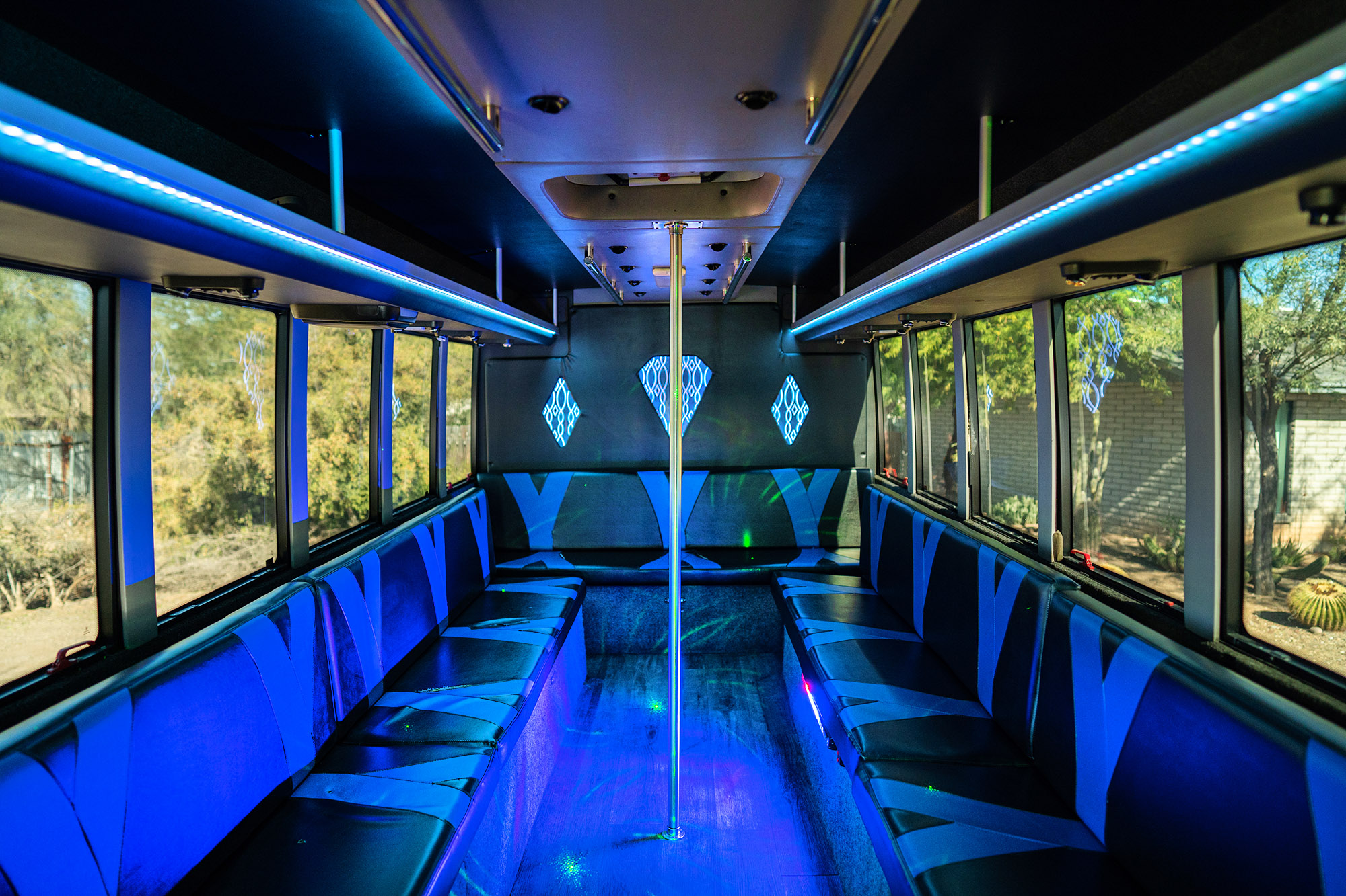 Phoenix Party Bus Blue neons inside one of our Phoenix party buses