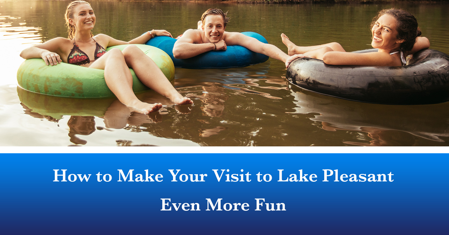 A group of friends on inner tubes enjoying Lake Pleasant.